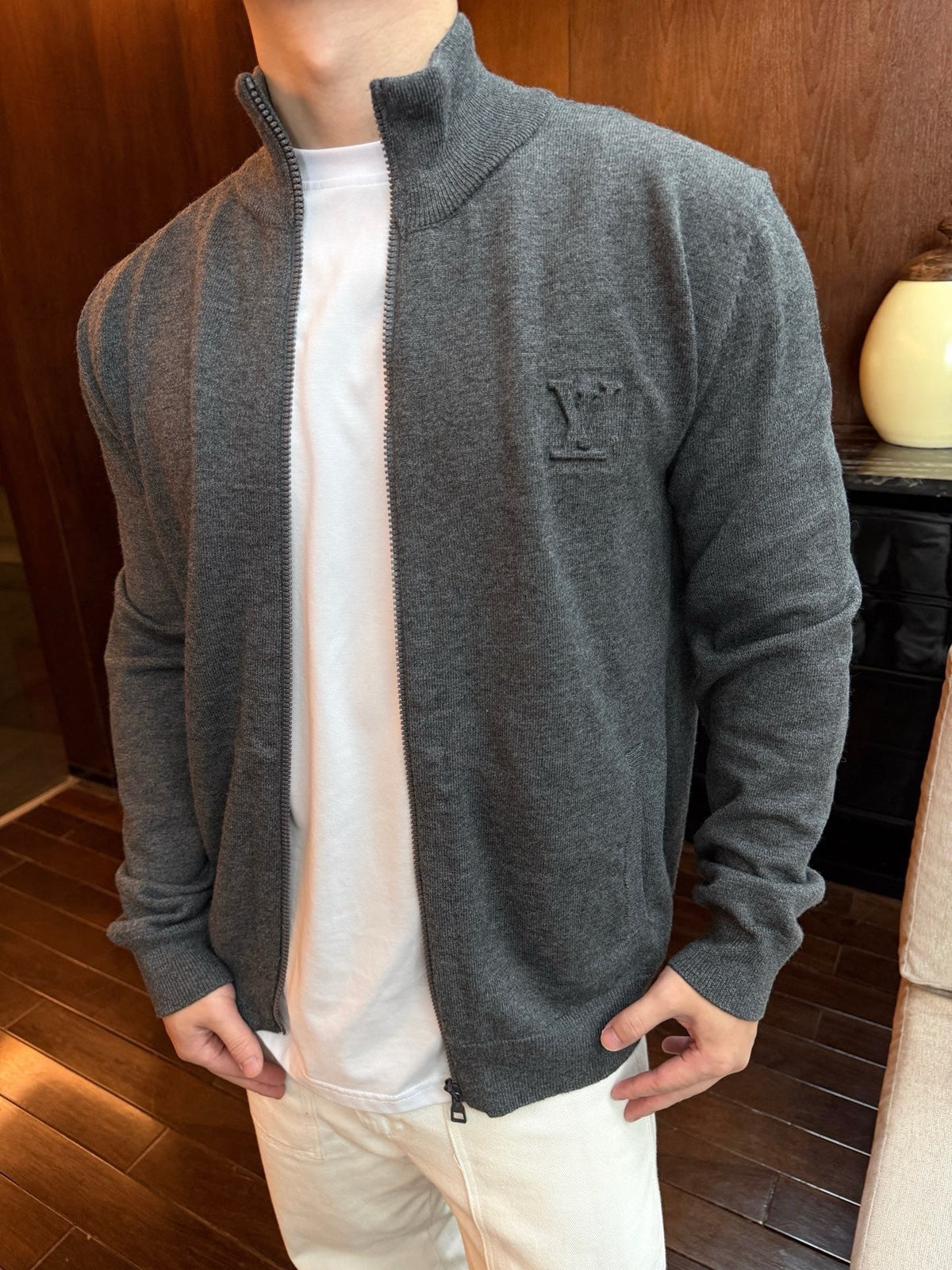 Louis Vuitton Embossed LV Logo Zip Knit Cardigan Unisex Heather Grey Half-Zip Knit Outerwear