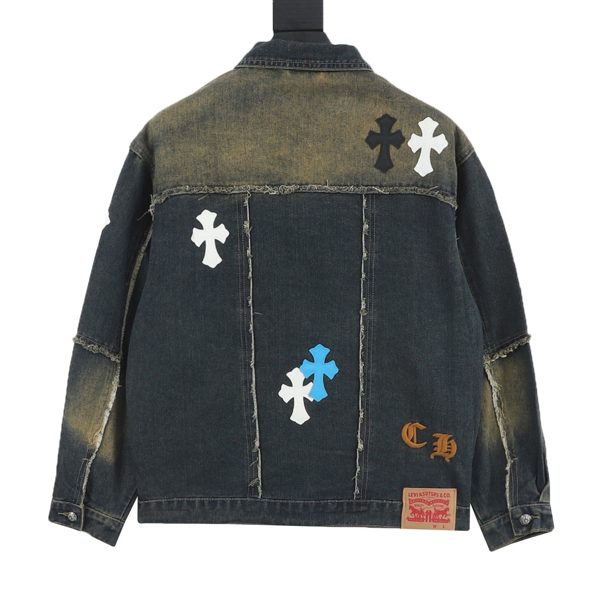 Chrome Hearts Cross Patch Destroyed Denim Jacket Unisex Vintage Washed Fringe Trucker Jacket  Faded Black Wash