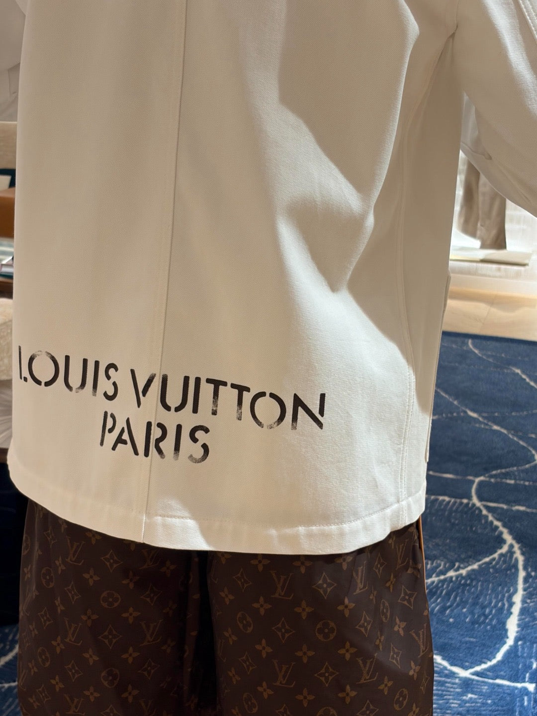 LV Signature Print Three Pocket Work Jacket Premium Cotton Outerwear Unisex Off White
