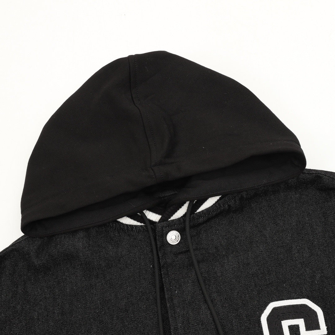 Celine Black Denim Leather Sleeve Detachable Hood Varsity Jacket Unisex