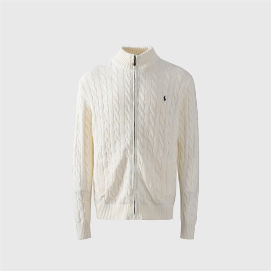 Polo Ralph Lauren Cream Cable Knit Full Zip Sweater Black Pony Logo Unisex