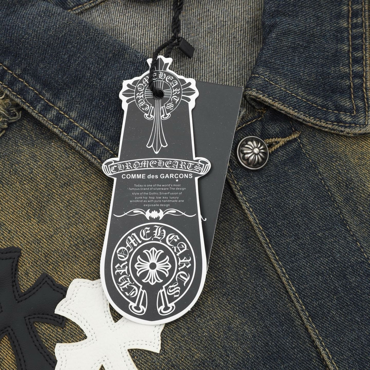 Chrome Hearts Cross Patch Destroyed Denim Jacket Unisex Vintage Washed Fringe Trucker Jacket  Faded Black Wash