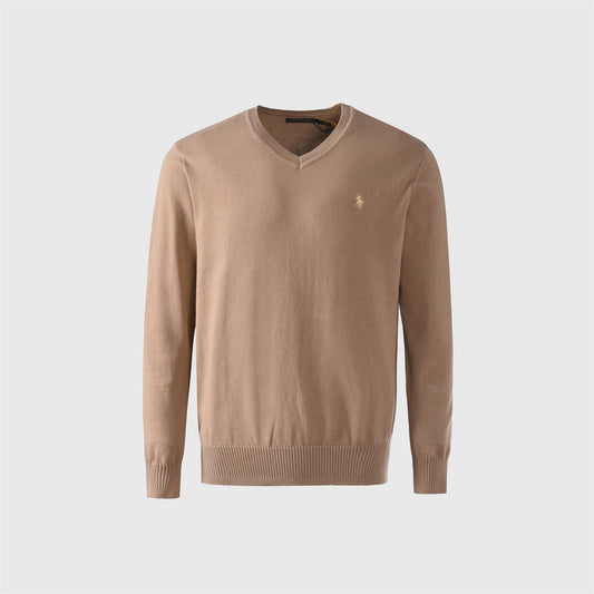 Polo Ralph Lauren Camel V-Neck Knit Sweater Beige Pony Logo Casual Pullover Unisex