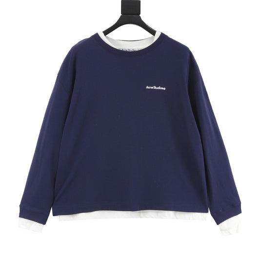 Acne Studios Layered Look Long Sleeve Tee Minimal Logo Unisex Oversized Top Navy Blue & White