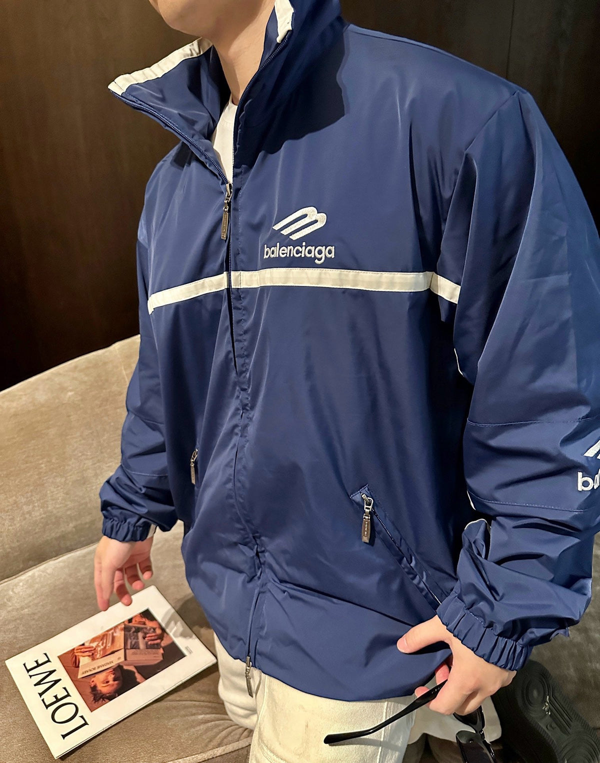 Balenciaga 3B Logo Striped Sport Jacket Full Zip Outerwear Unisex Royal Blue