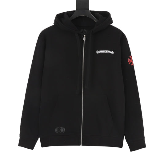 Chrome Hearts Full Zip Hoodie, Black Red Cross Black with Red Cross Embroidery