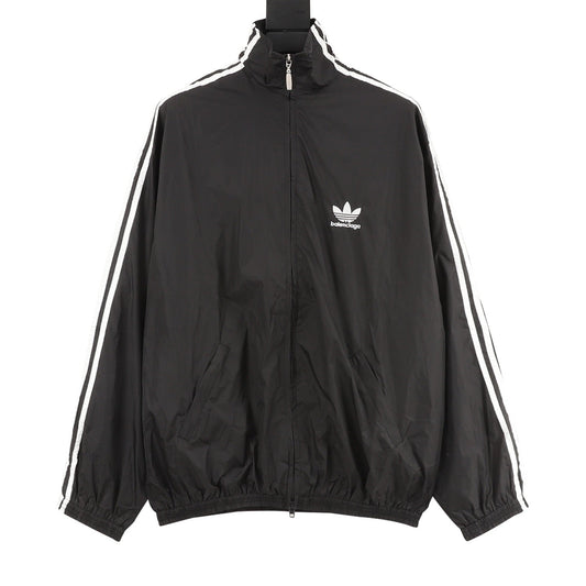Balenciaga x Adidas Trefoil Track Jacket Unisex Full Zip Windbreaker Black with White 3-Stripes