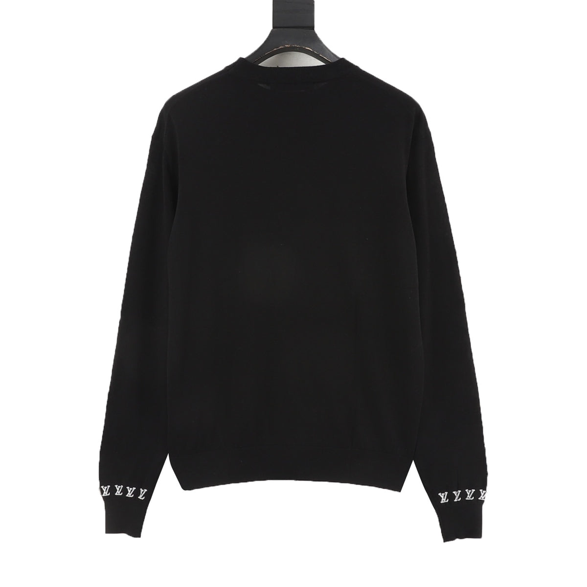 Luxury Handwriting Logo Crew Neck Knit Sweater Rib Cuff Streetwear Pullover Unisex Solid Black