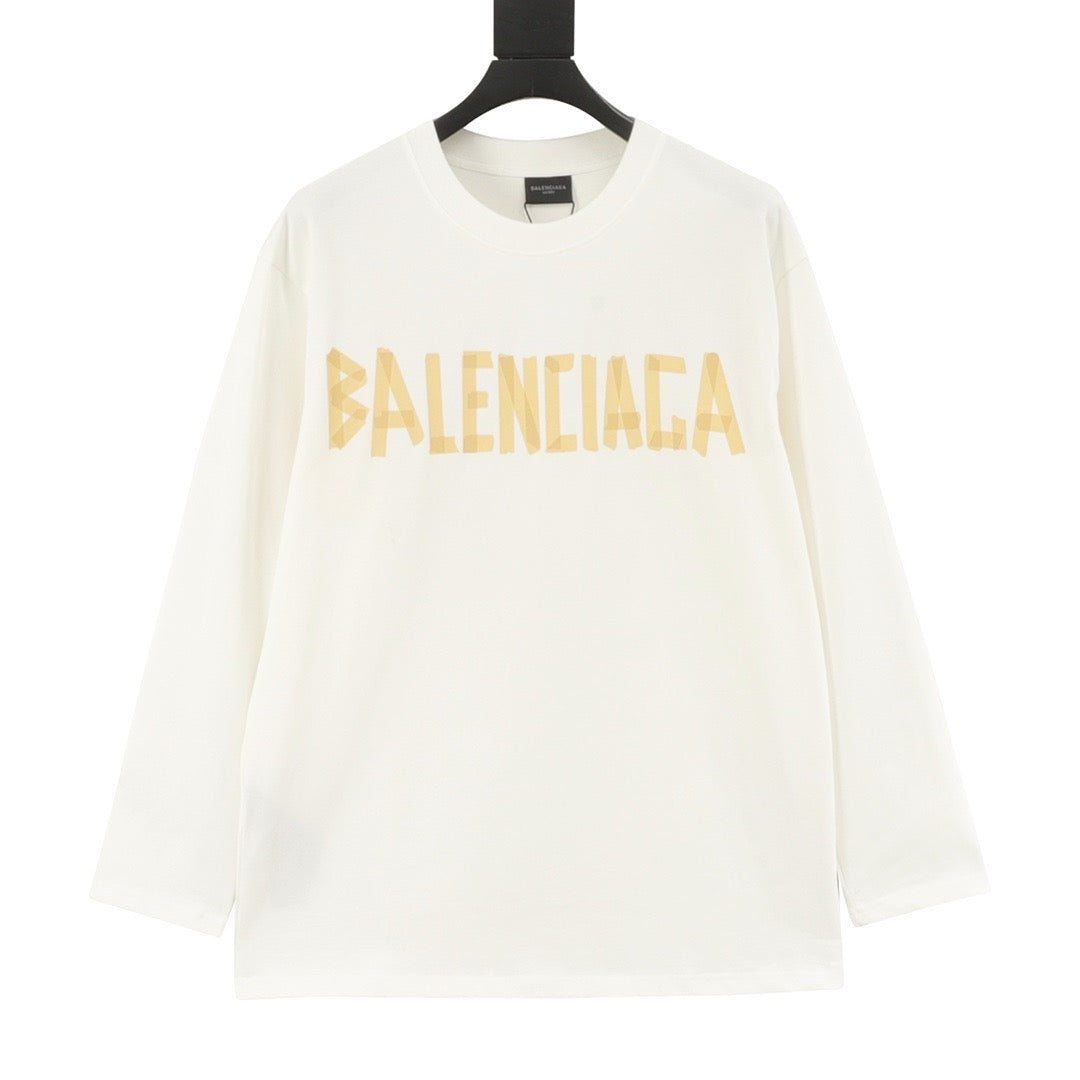 Balenciaga Tape Print Logo Long Sleeve Top Oversized Casual Shirt Unisex Off White with Gold Tape Print