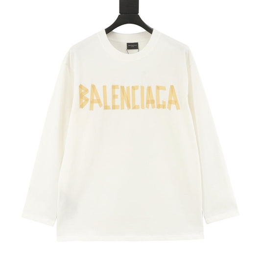 Balenciaga Tape Print Logo Long Sleeve Top Oversized Casual Shirt Unisex Off White with Gold Tape Print