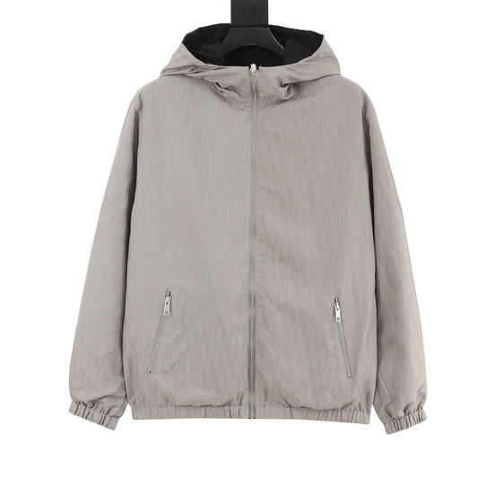 Dior Minimal Logo Hooded Jacket Lightweight Zip Up Wind Coat Unisex Light Grey