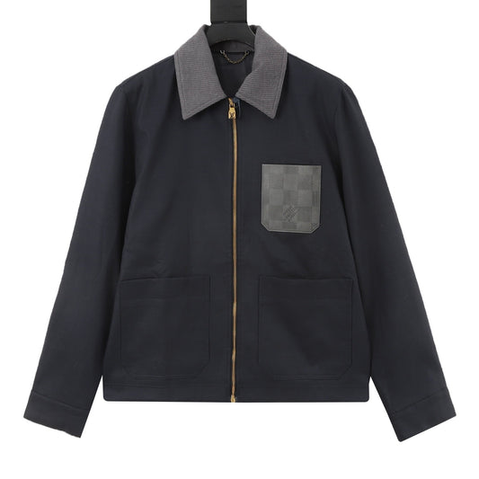 LV Leather Patch Pocket Workwear Jacket Designer Casual Outerwear Unisex Navy Blue