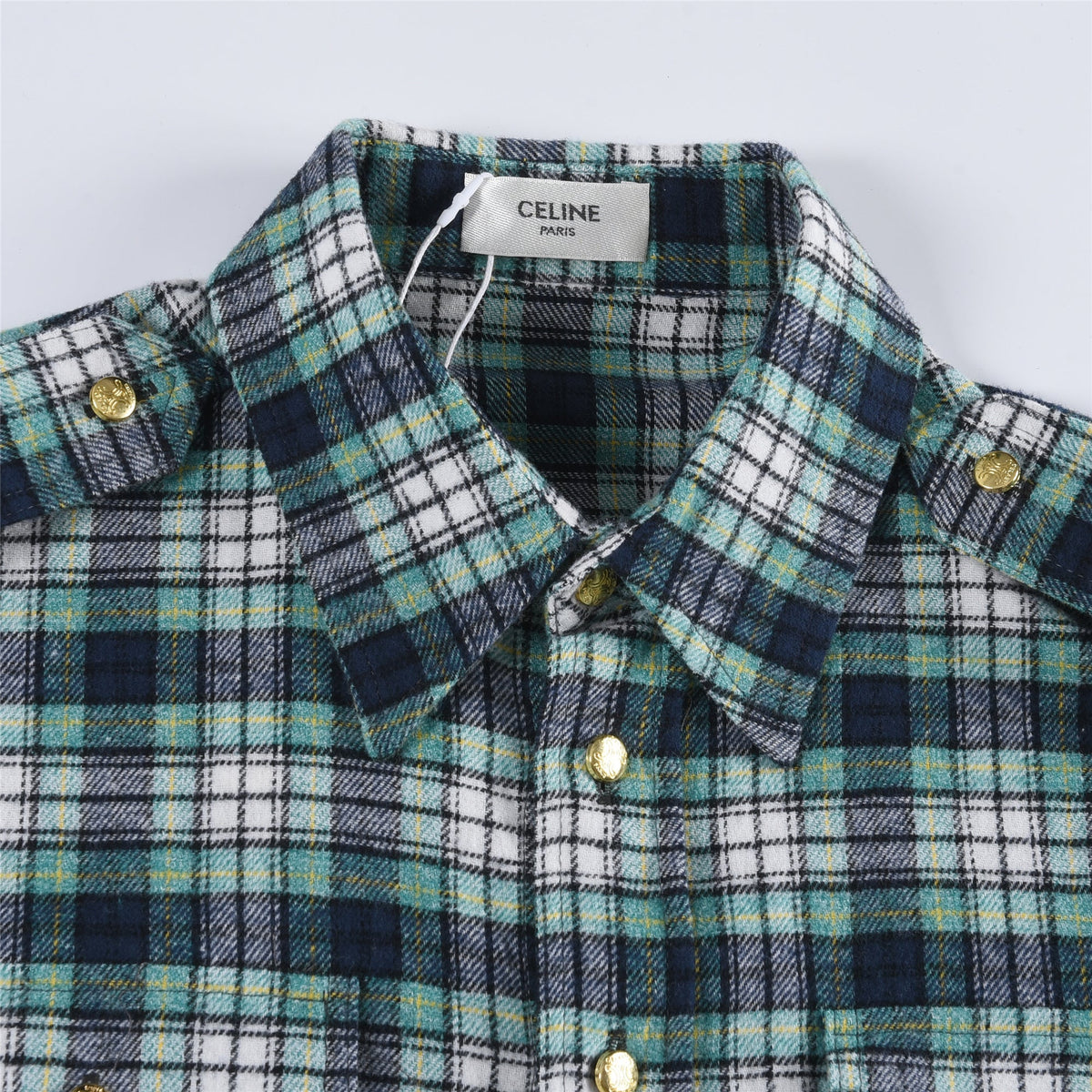 CELINE Plaid Western Shirt – Long Sleeve with Snap Buttons Unisex& Chest Pockets Green Blue