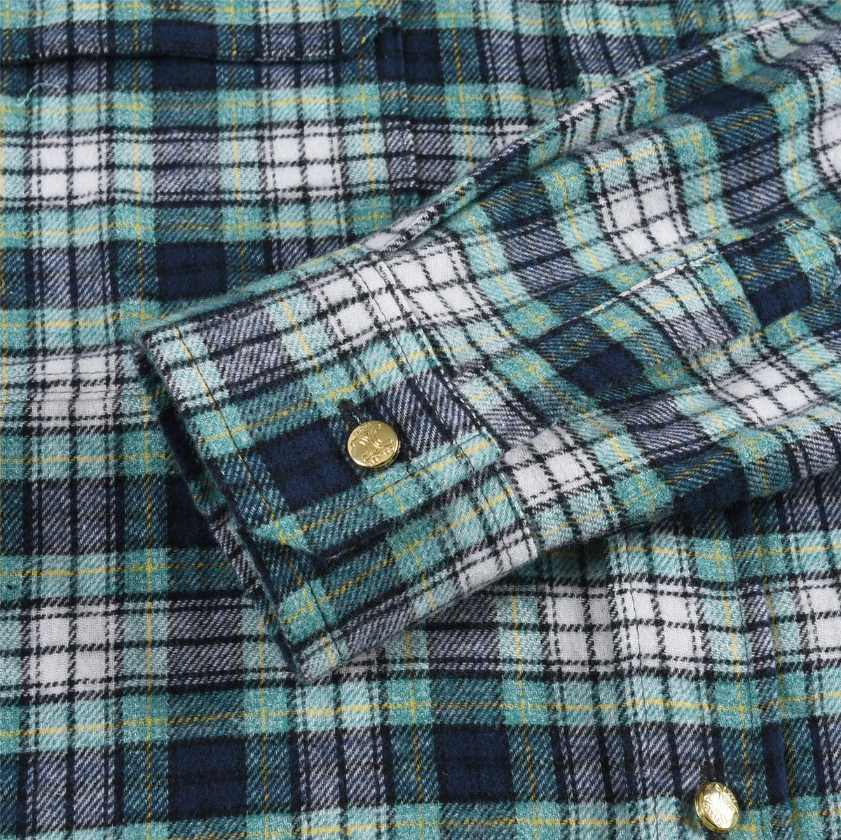CELINE Plaid Western Shirt – Long Sleeve with Snap Buttons Unisex& Chest Pockets Green Blue