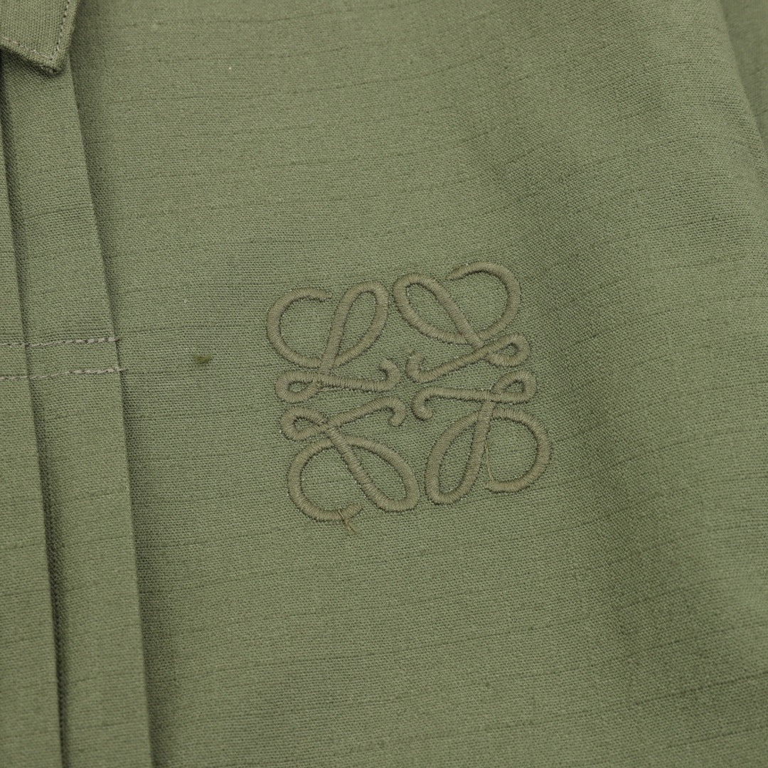 Loewe Army Green Pleated Collared Jacket Anagram Embroidery Zip Up Coat