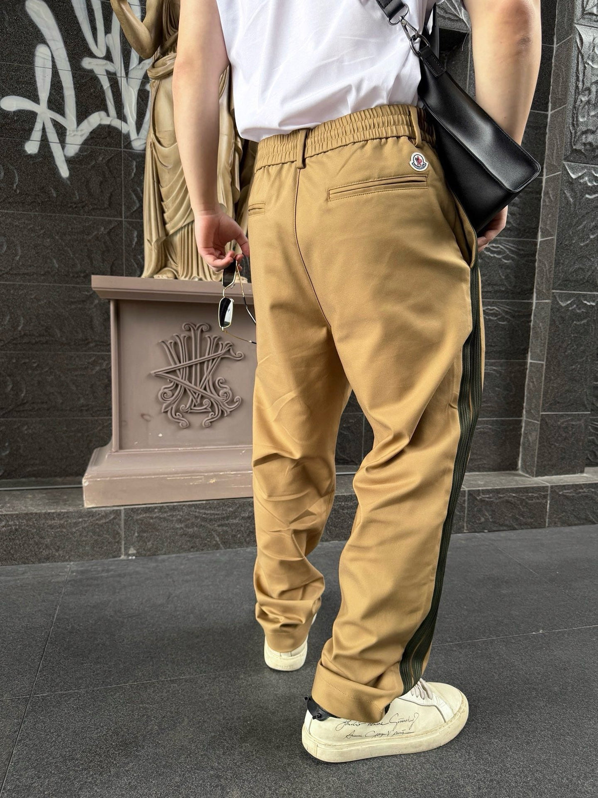 Men Moncler Straight Leg Trousers Two Tone Side Stripe Luxury Daily Pants Khaki with Dark Green Side Stripes
