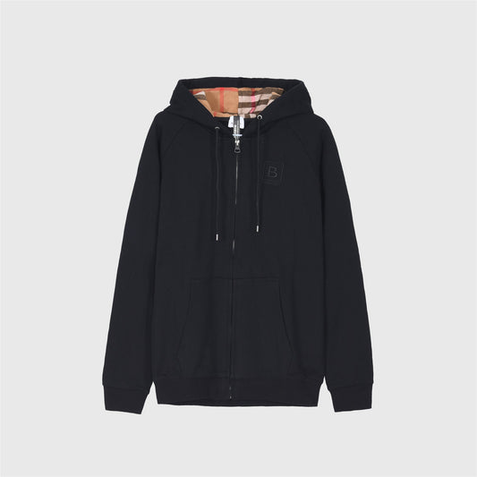 Burberry Black B Square Patch Zip Up Hoodie Vintage Check Hood Lining Unisex