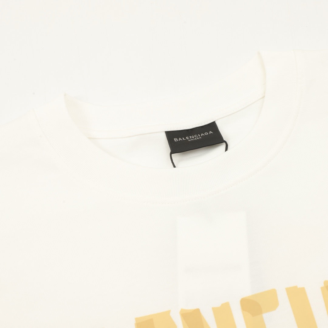 Balenciaga Tape Print Logo Long Sleeve Top Oversized Casual Shirt Unisex Off White with Gold Tape Print