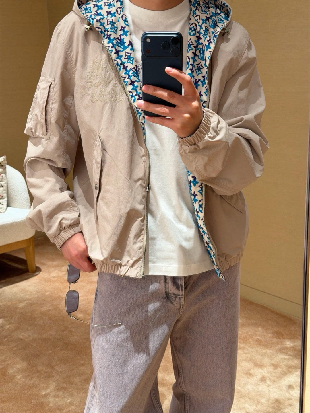 Louis Vuitton Reversible Hooded Windbreaker Unisex Full Zip Light Jacket Beige Outer with Monogram Lining