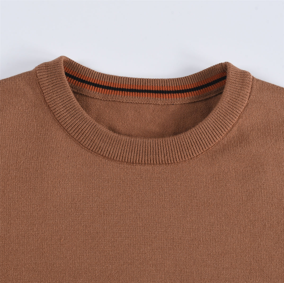 Camel Crew Neck Knit Sweater Orange Striped Sleeve Minimalist Pullover Unisex