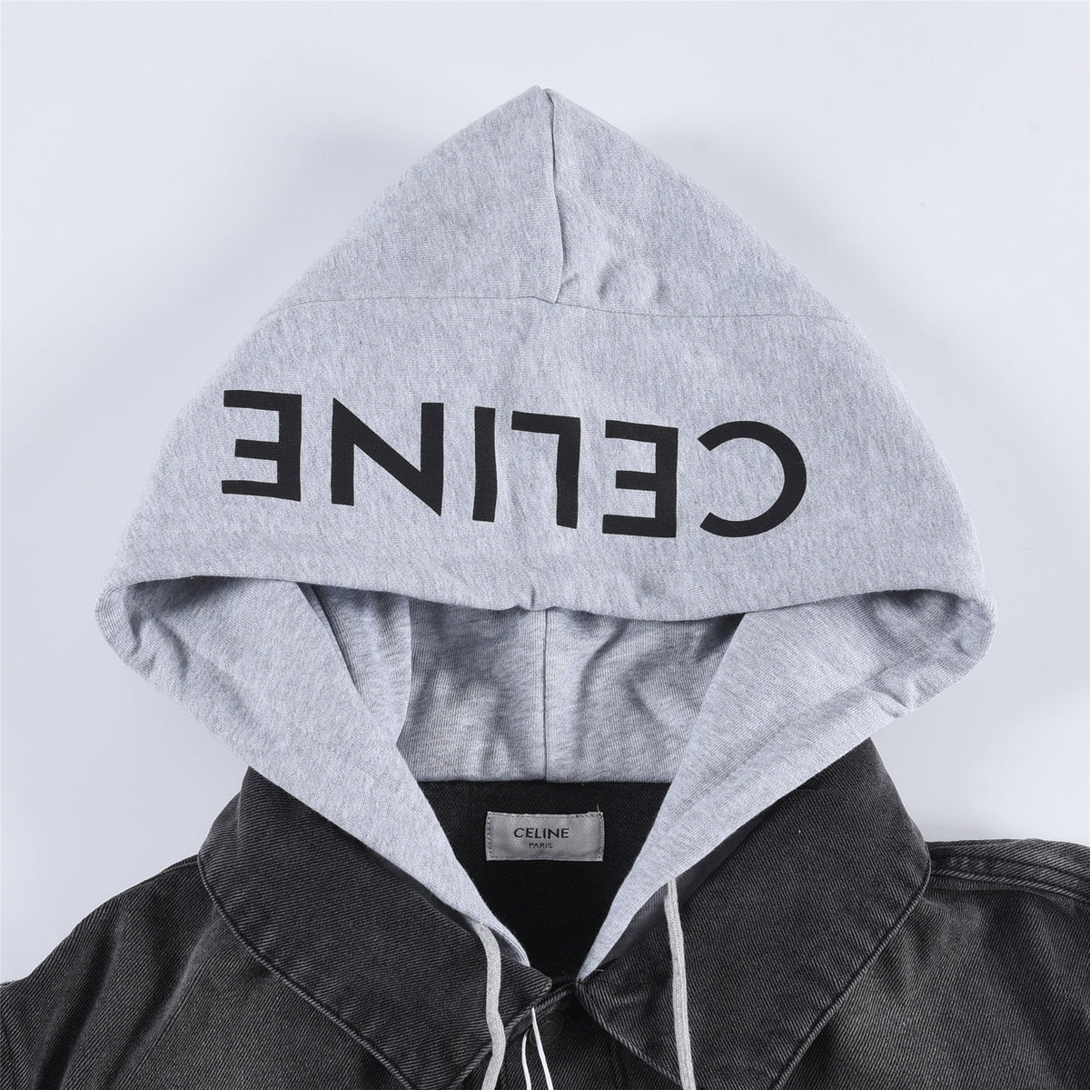 Unisex Black Washed Denim Jacket With Detachable Grey Hood