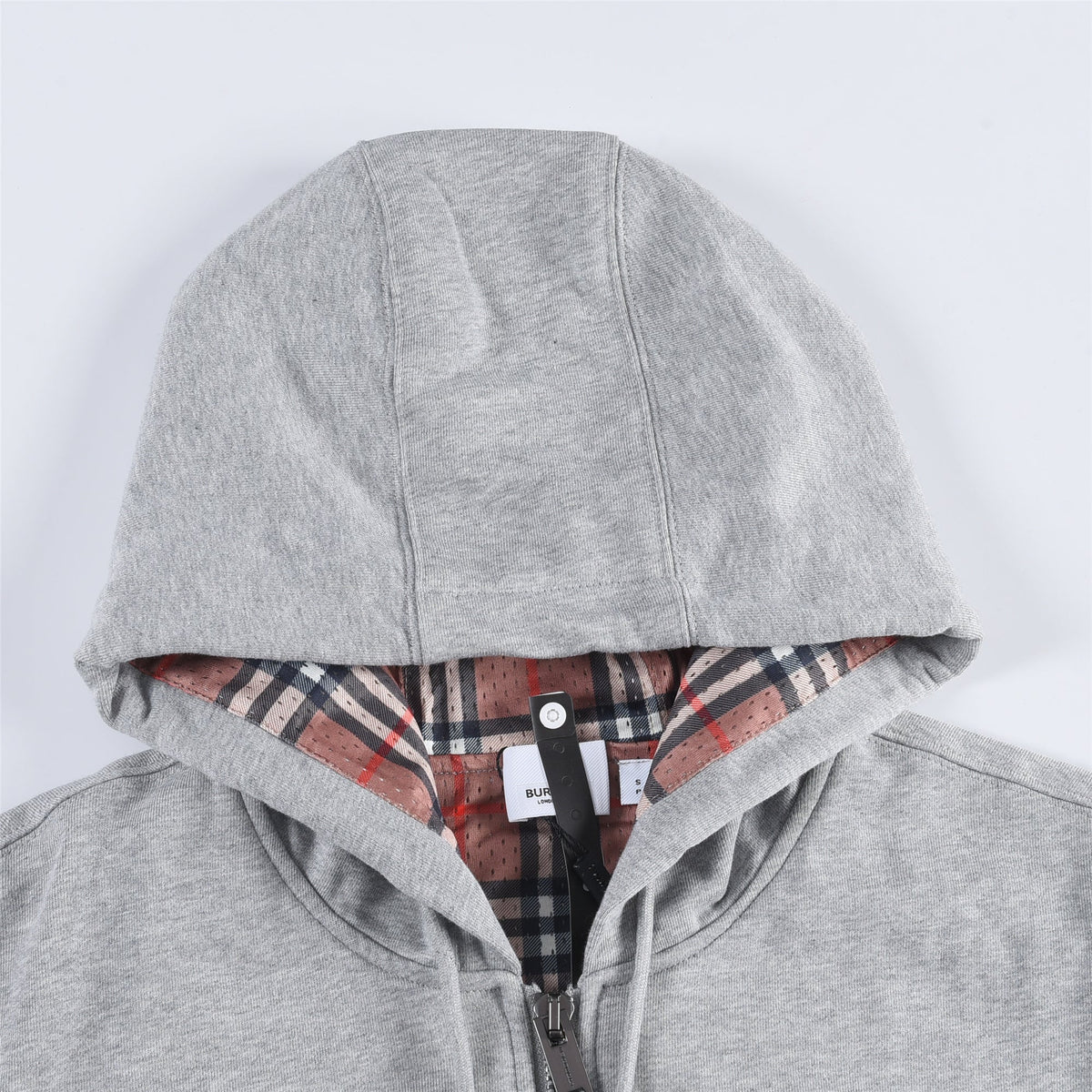 Burberry Heather Grey Square Logo Label Zip Up Hoodie Check Lined Hood Unisex