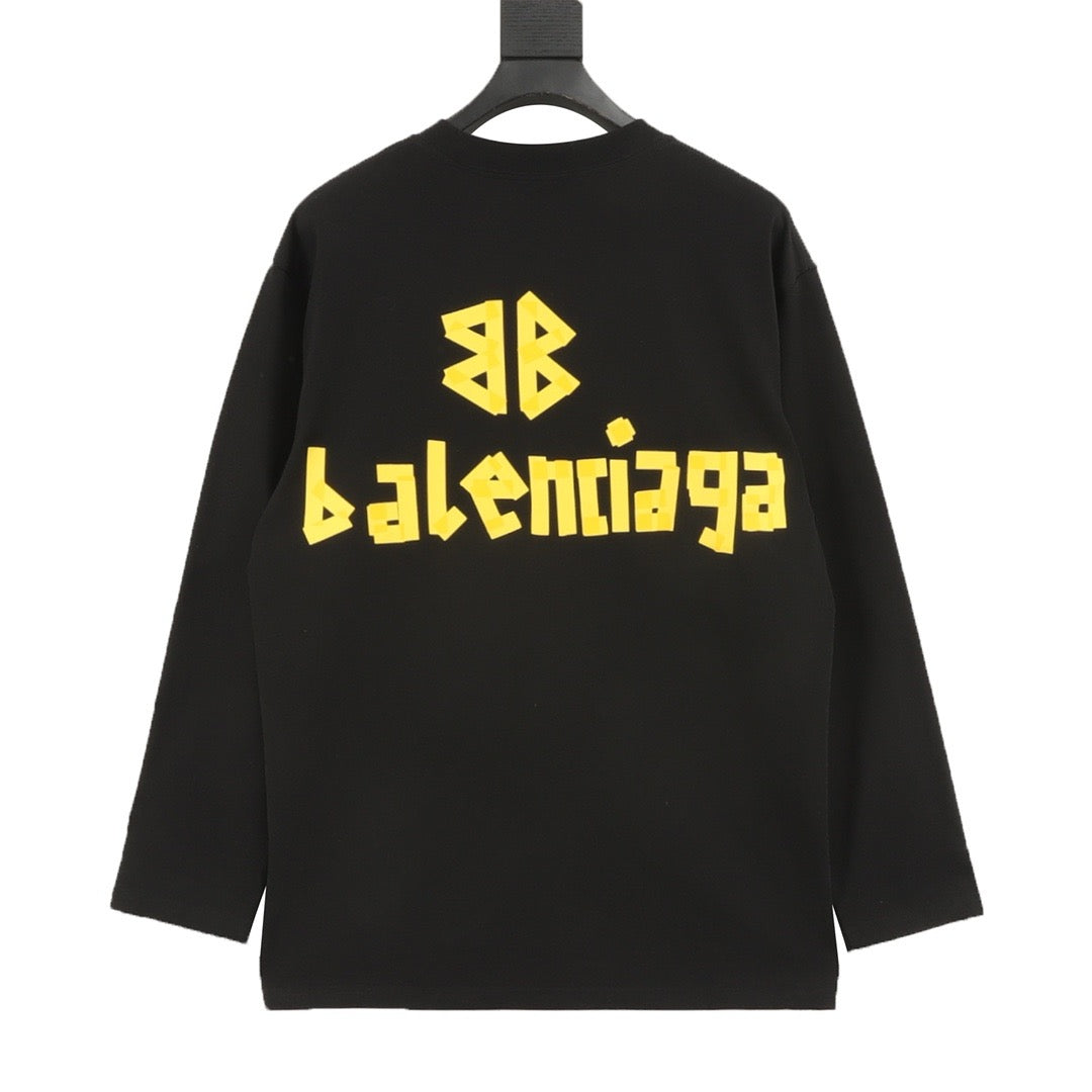 Balenciaga Tape Print Logo Long Sleeve Top Oversized Casual Shirt Unisex Black with Yellow Tape Print