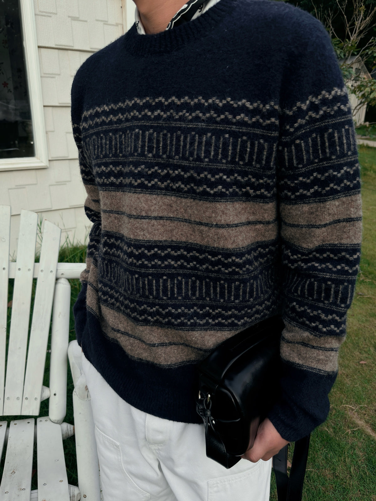 Fair Isle Crew Neck Knit Sweater Retro Stripe Jacquard Pullover Unisex Navy Mix