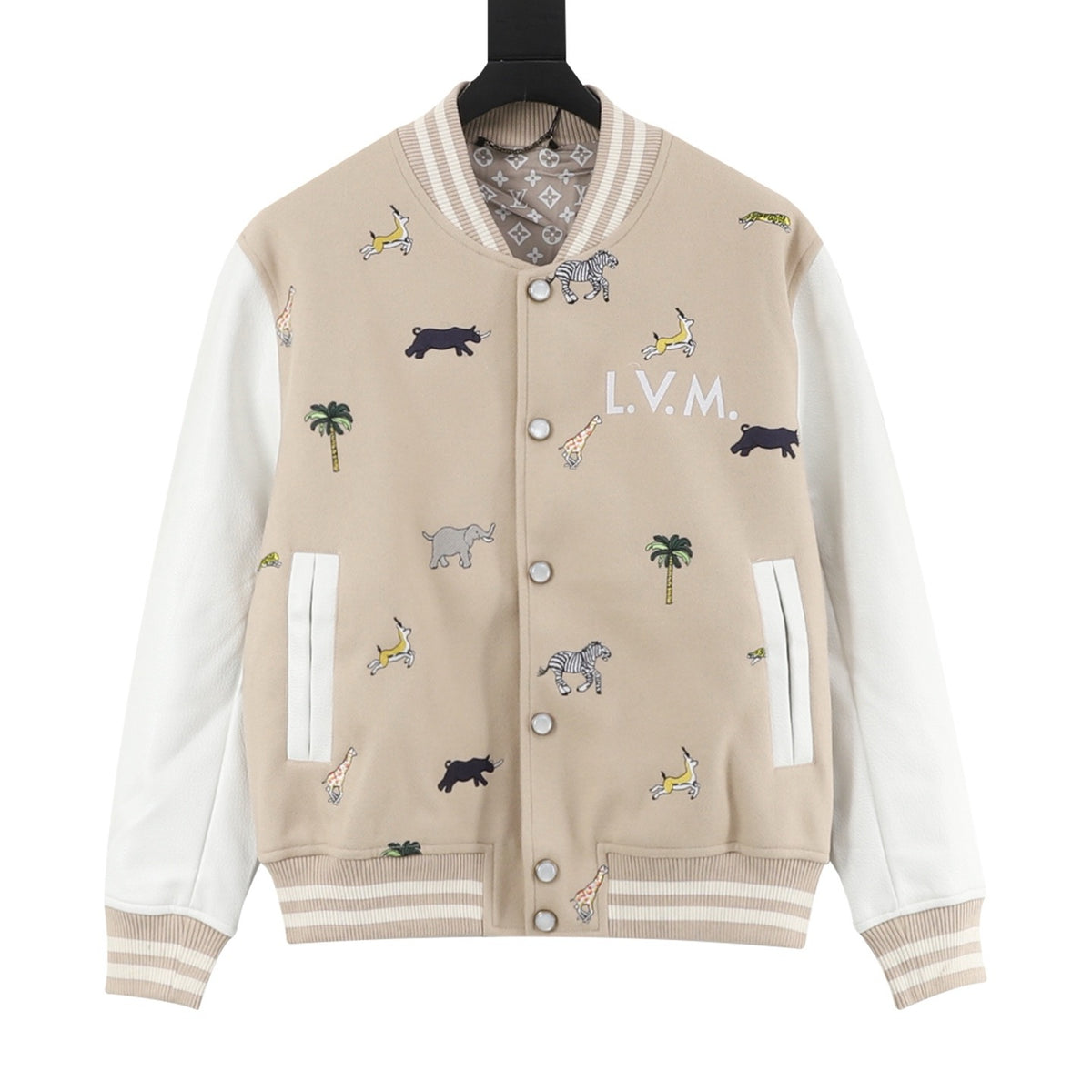 LV Reversible Jacket Animal Embroidery Varsity Jacket Wool Leather Sleeve Casual Baseball Coat Unisex & Off-white
