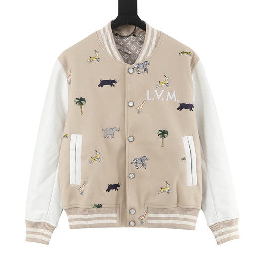 LV Reversible Jacket Animal Embroidery Varsity Jacket Wool Leather Sleeve Casual Baseball Coat Unisex & Off-white