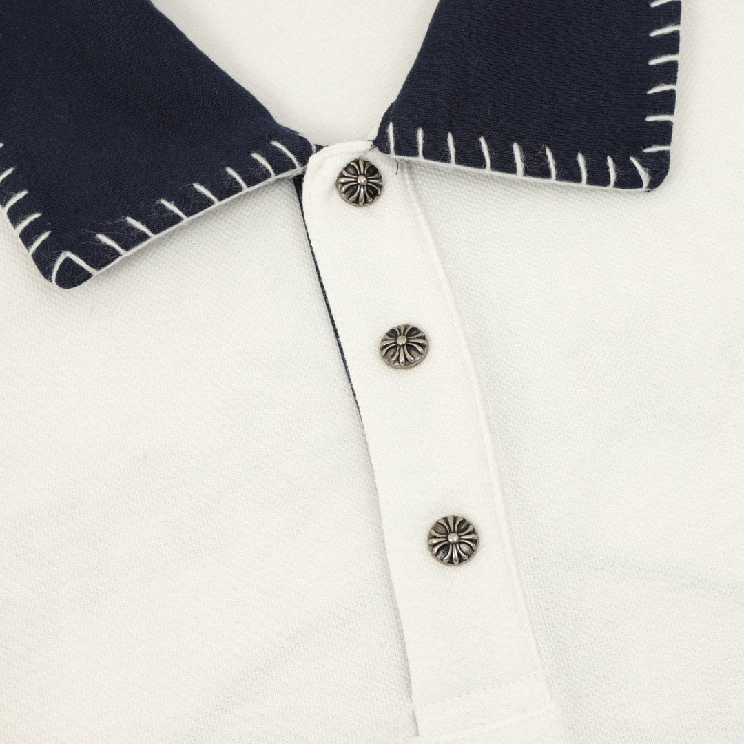 Chrome Hearts Horseshoe Logo Long Sleeve Polo Shirt  men– Ivory with Contrast Collar
