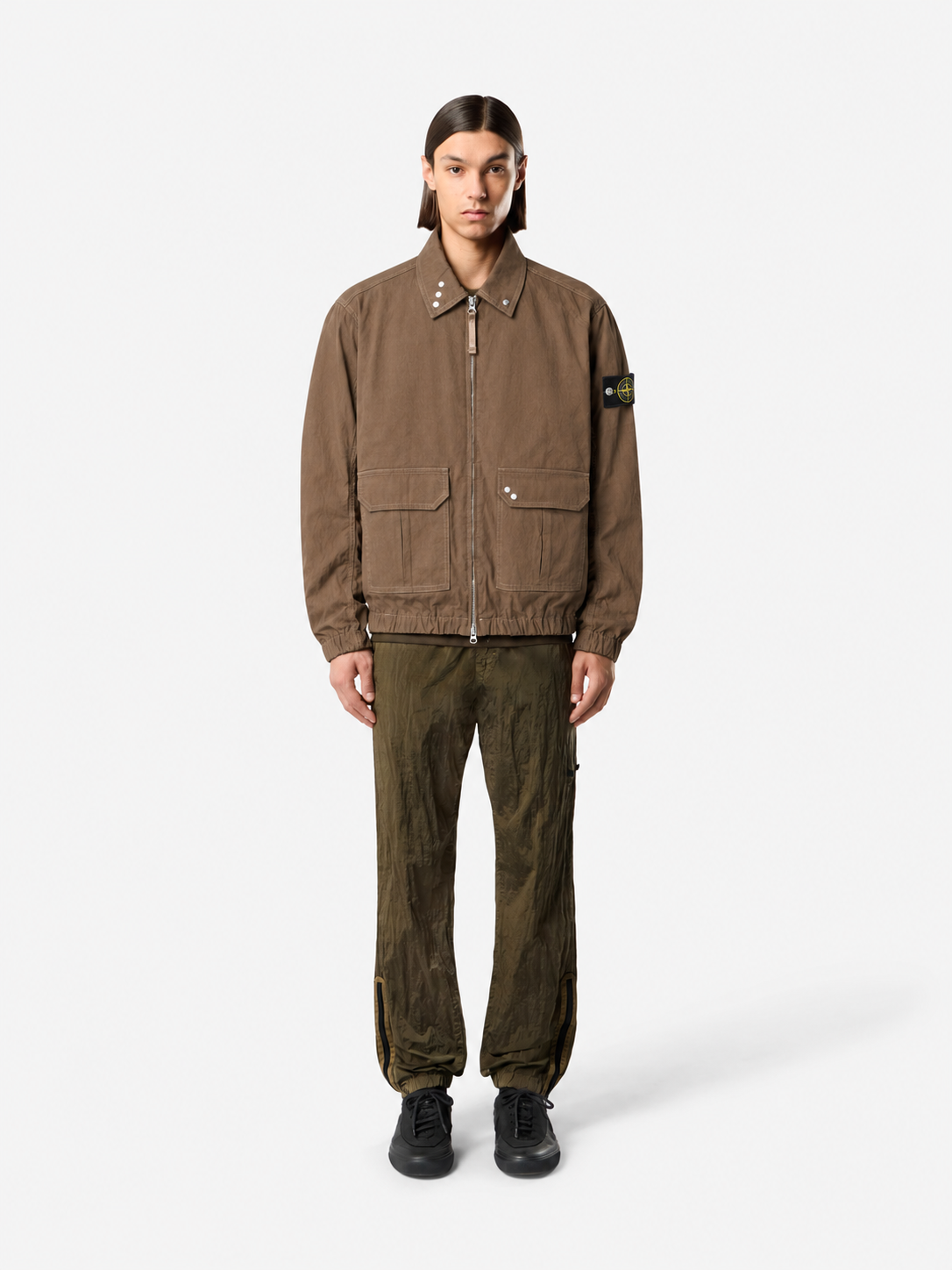 Stone Island Khaki Field Jacket Men Zip Up Collared Overshirt Compass Badge