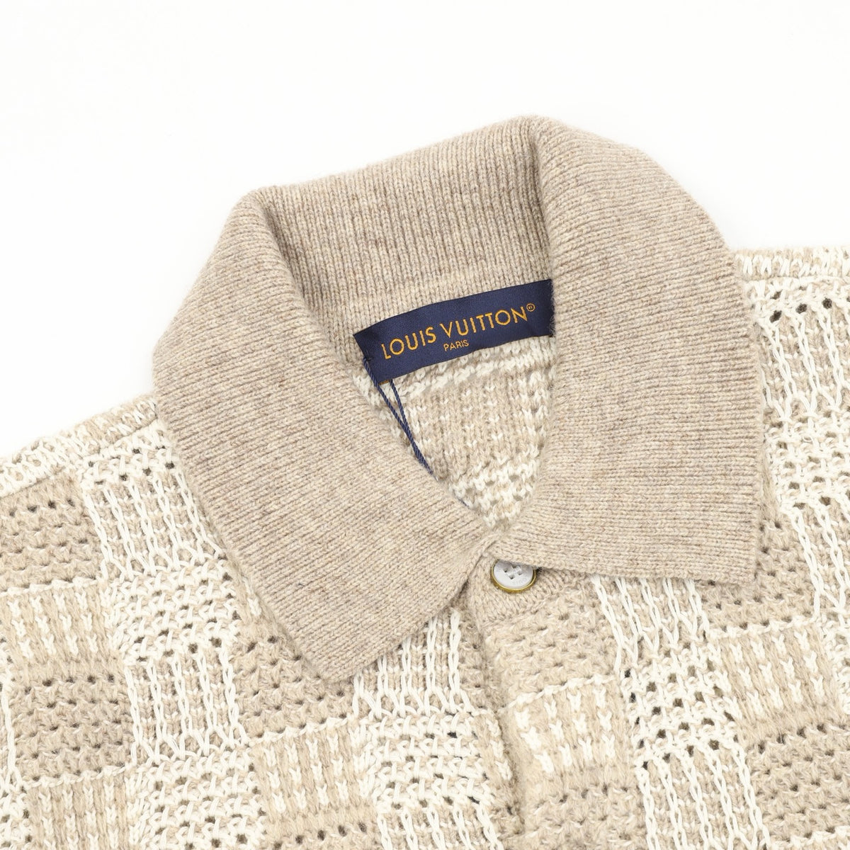 LV Beige Check Openwork Crochet Knit Collared Cardigan Unisex Designer Top