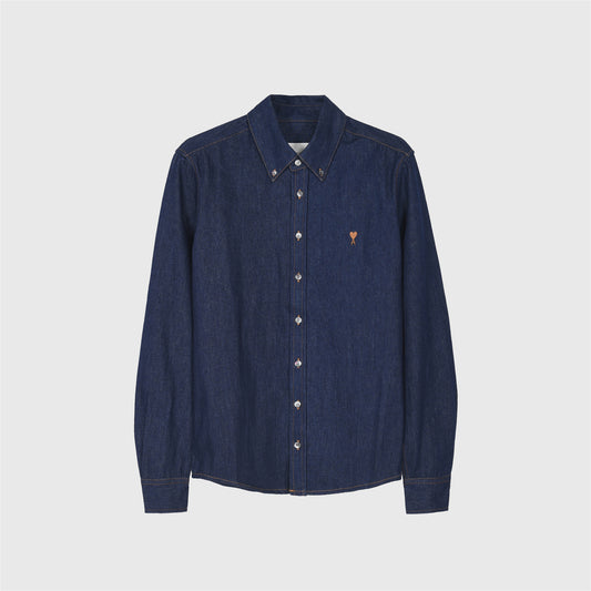 AMI Paris Small Heart Logo Dark Denim Long Sleeve Shirt Unisex
