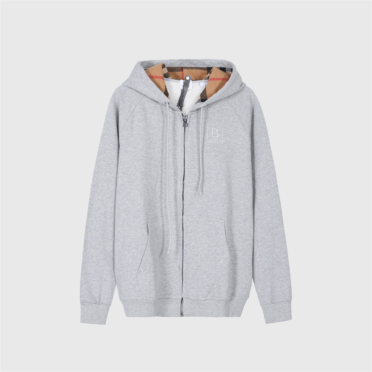 Burberry Heather Grey B Square Patch Zip Up Hoodie Vintage Check Hood Lining Unisex