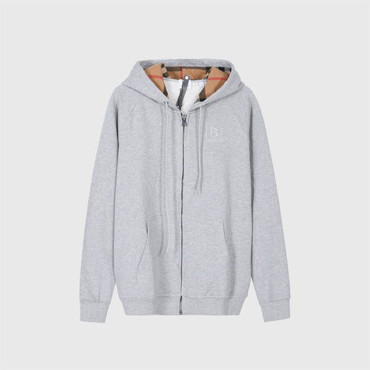Burberry Heather Grey B Square Patch Zip Up Hoodie Vintage Check Hood Lining Unisex