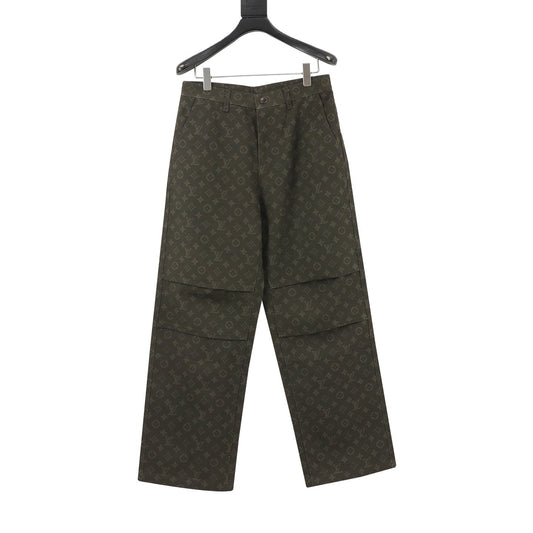 Louis Vuitton Monogram Wide Leg Trousers Unisex Olive Green Full Print Monogram Casual Pants