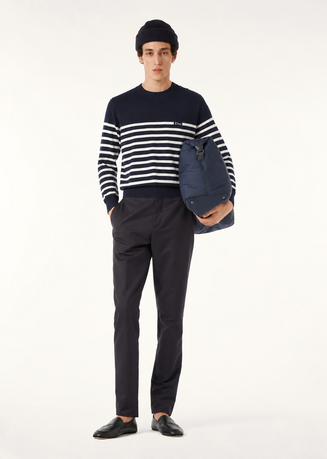 Dior Logo Striped Crew Neck Long Sleeve Knit Sweater Unisex Navy & White Striped