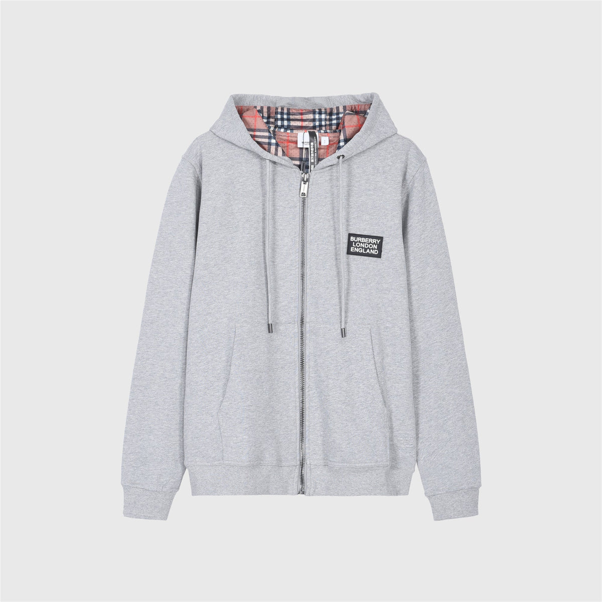 Burberry Heather Grey Square Logo Label Zip Up Hoodie Check Lined Hood Unisex