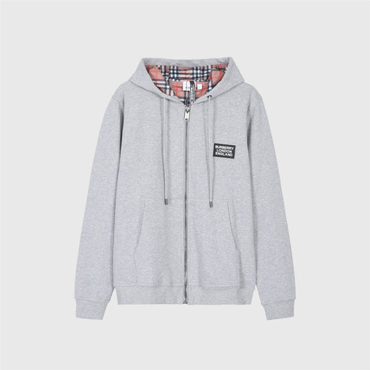 Burberry Heather Grey Square Logo Label Zip Up Hoodie Check Lined Hood Unisex