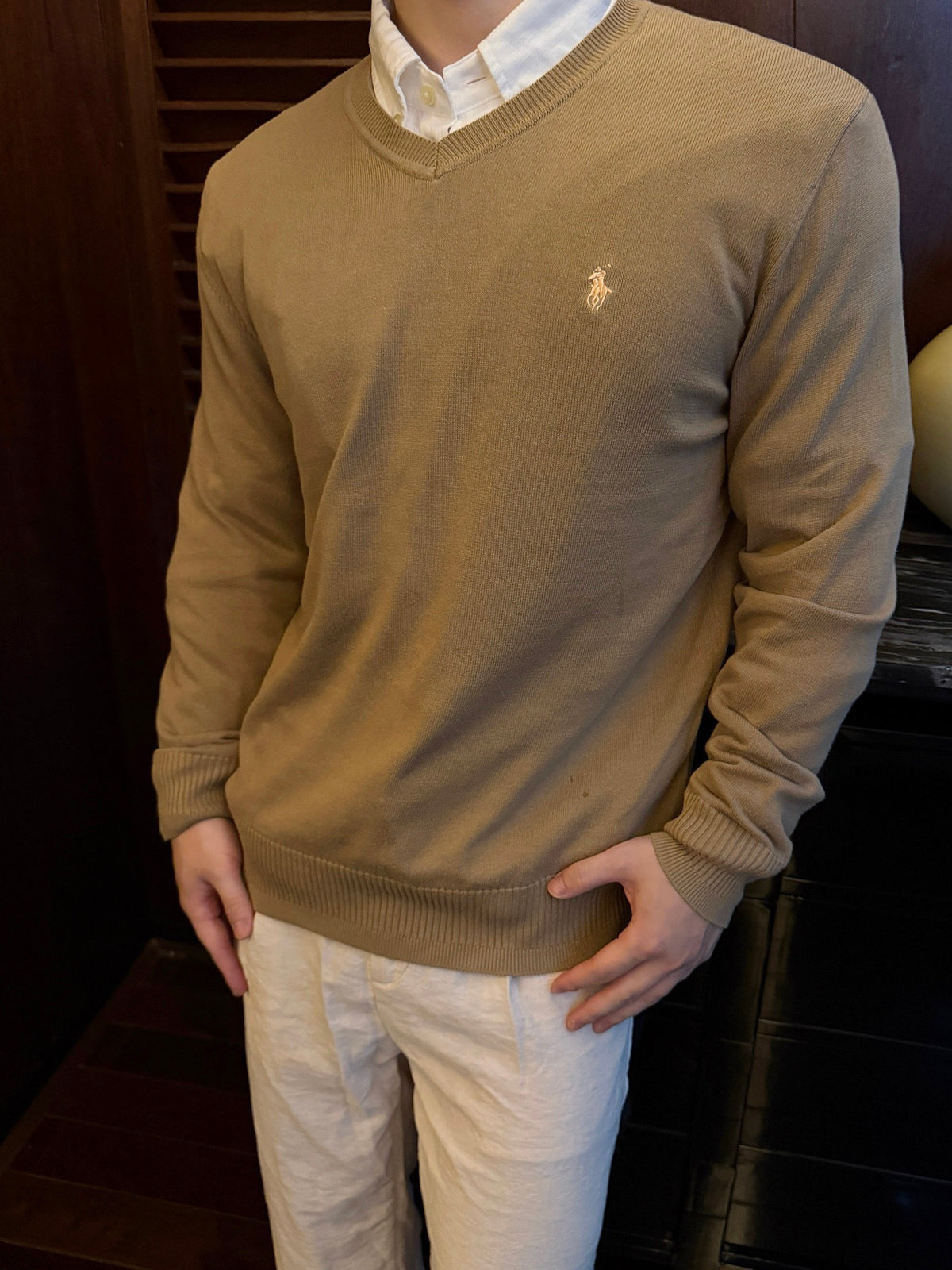 Polo Ralph Lauren Camel V-Neck Knit Sweater Beige Pony Logo Casual Pullover Unisex