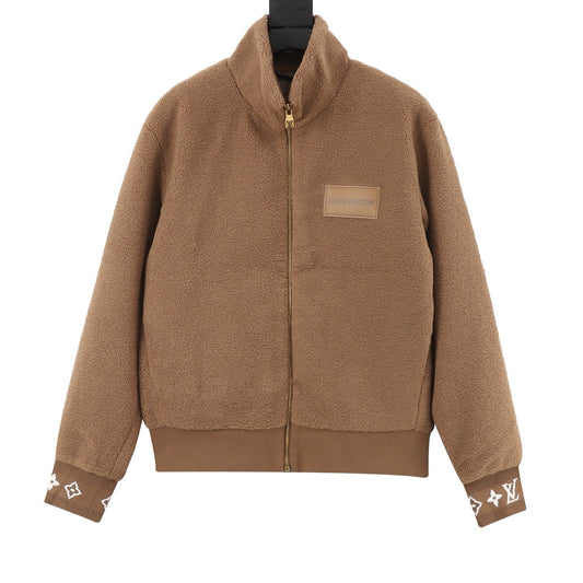 LV Monogram Cuff Sherpa Fleece Full Zip Warm Jacket Unisex Camel Brown