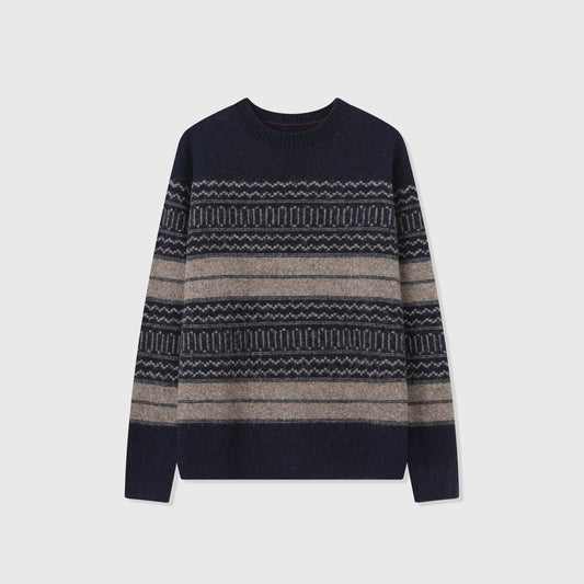 Fair Isle Crew Neck Knit Sweater Retro Stripe Jacquard Pullover Unisex Navy Mix