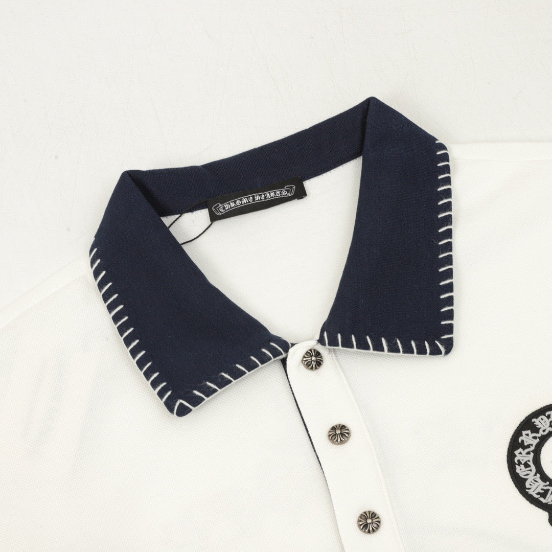 Chrome Hearts Horseshoe Logo Long Sleeve Polo Shirt  men– Ivory with Contrast Collar