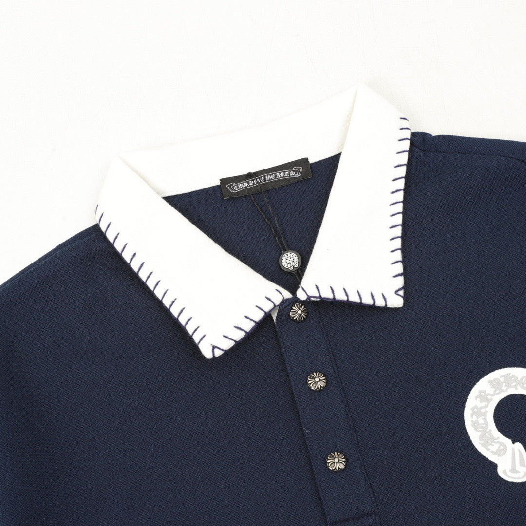 Chrome Hearts Long Sleeve Polo Shirt men – Contrast Collar & Horseshoe Motif