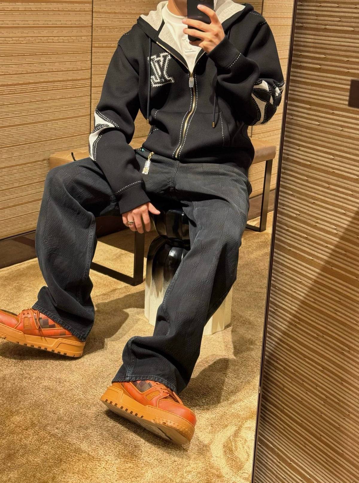 LV Contrast Stitch Embroidery Zip Hoodie Oversized Full Zip Jacket Sweatshirt Navy Unisex Black