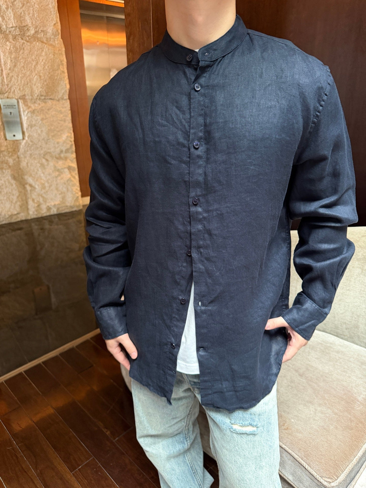 Loro Piana Soft Linen Button Up Casual Shirt Unisex Navy