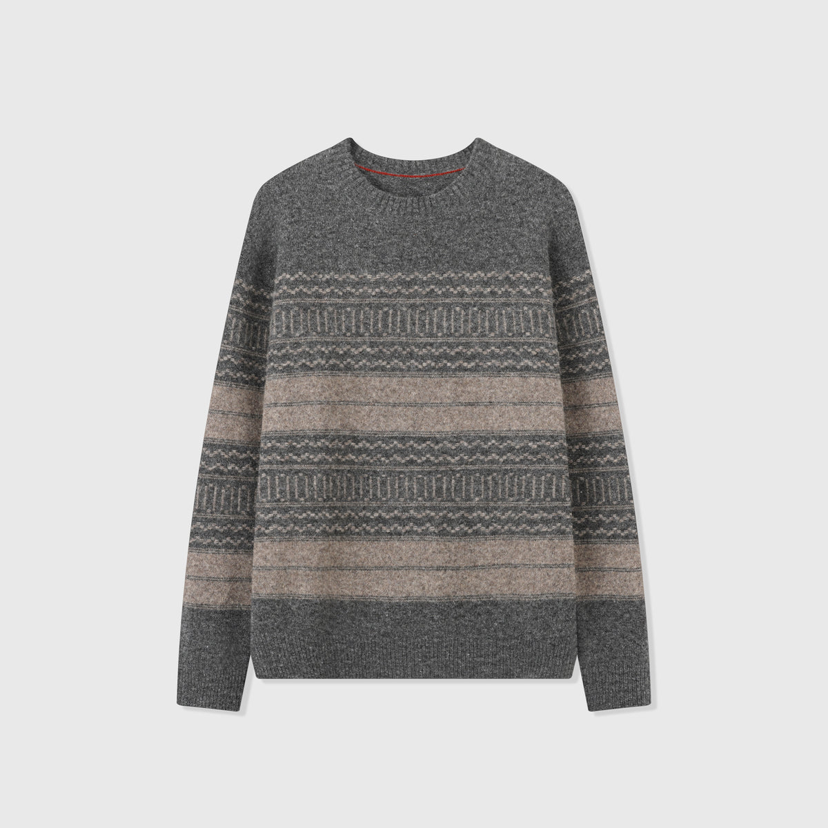 Fair Isle Crew Neck Knit Sweater Retro Stripe Jacquard Pullover Unisex Heather Grey