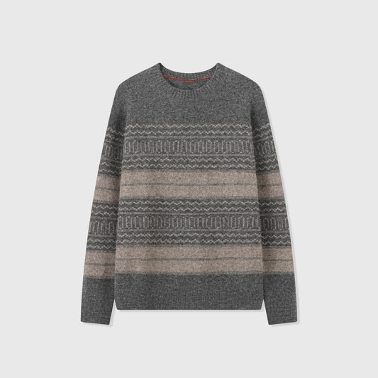 Fair Isle Crew Neck Knit Sweater Retro Stripe Jacquard Pullover Unisex Heather Grey