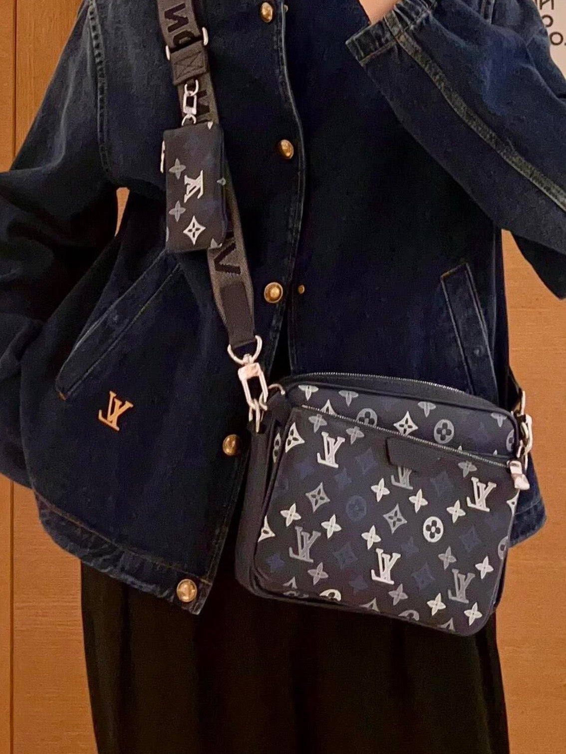 Louis Vuitton Denim Coach / Bomber Jacket with Gold Buttons Unisex Dark Blue